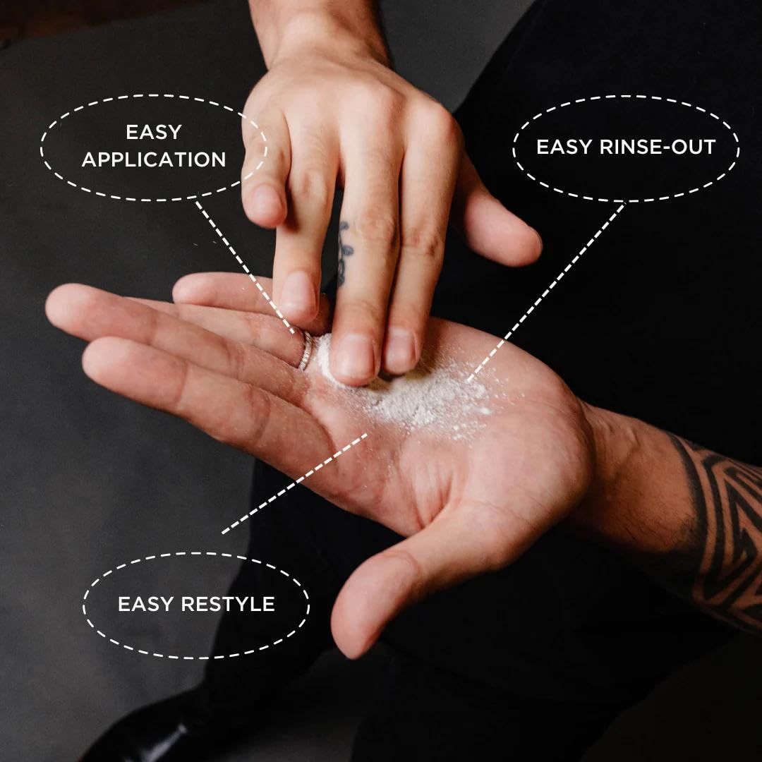 Hair receives powder from crown to tips for workable hold.