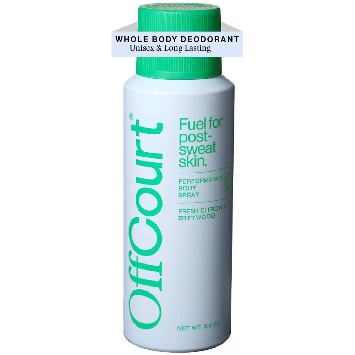 OffCourt natural body spray bottle with citrus driftwood scent for all-day freshness.