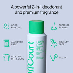 OffCourt packaging back reveals usage and care details.
