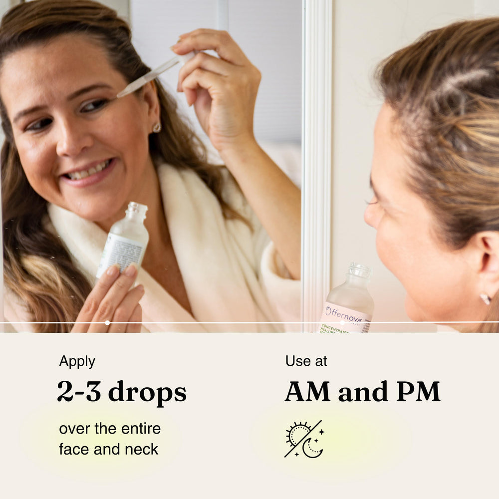 Offernova serum application closeup showing gentle patting on skin.