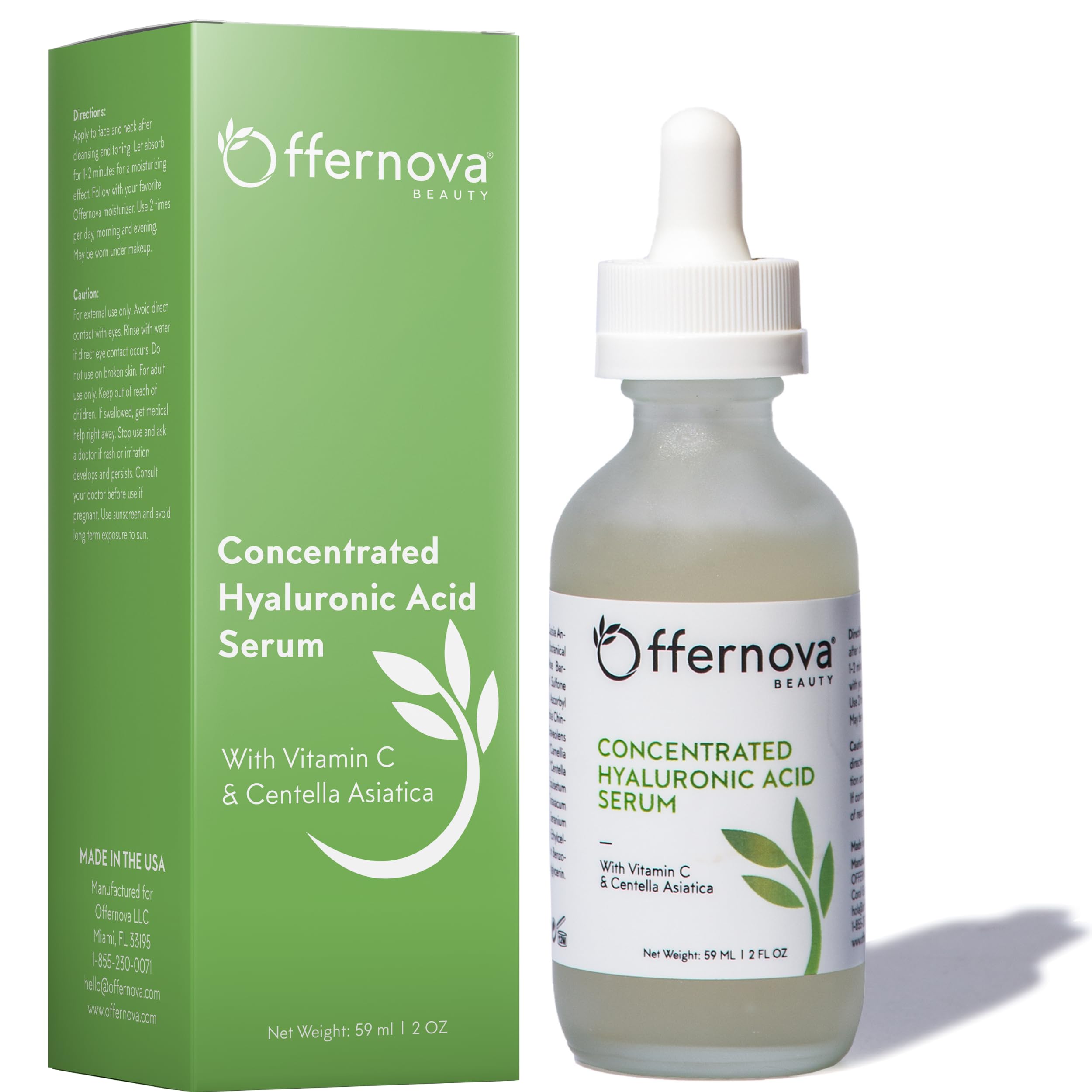 Offernova Concentrated Hyaluronic Acid Serum bottle pouring for instant hydration and quick absorption.