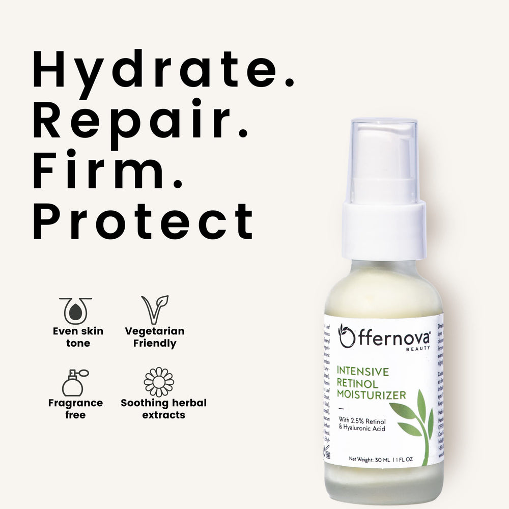 Offernova Intensive Retinol Moisturizer ingredients including hyaluronic acid for moisture lock.