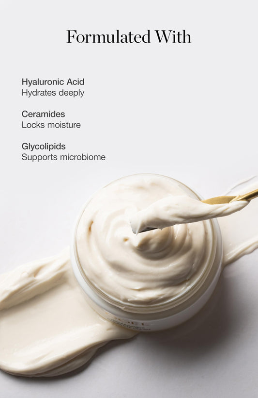 Close-up of Ogee Complete Cream bottle, luxurious texture for dry skin.