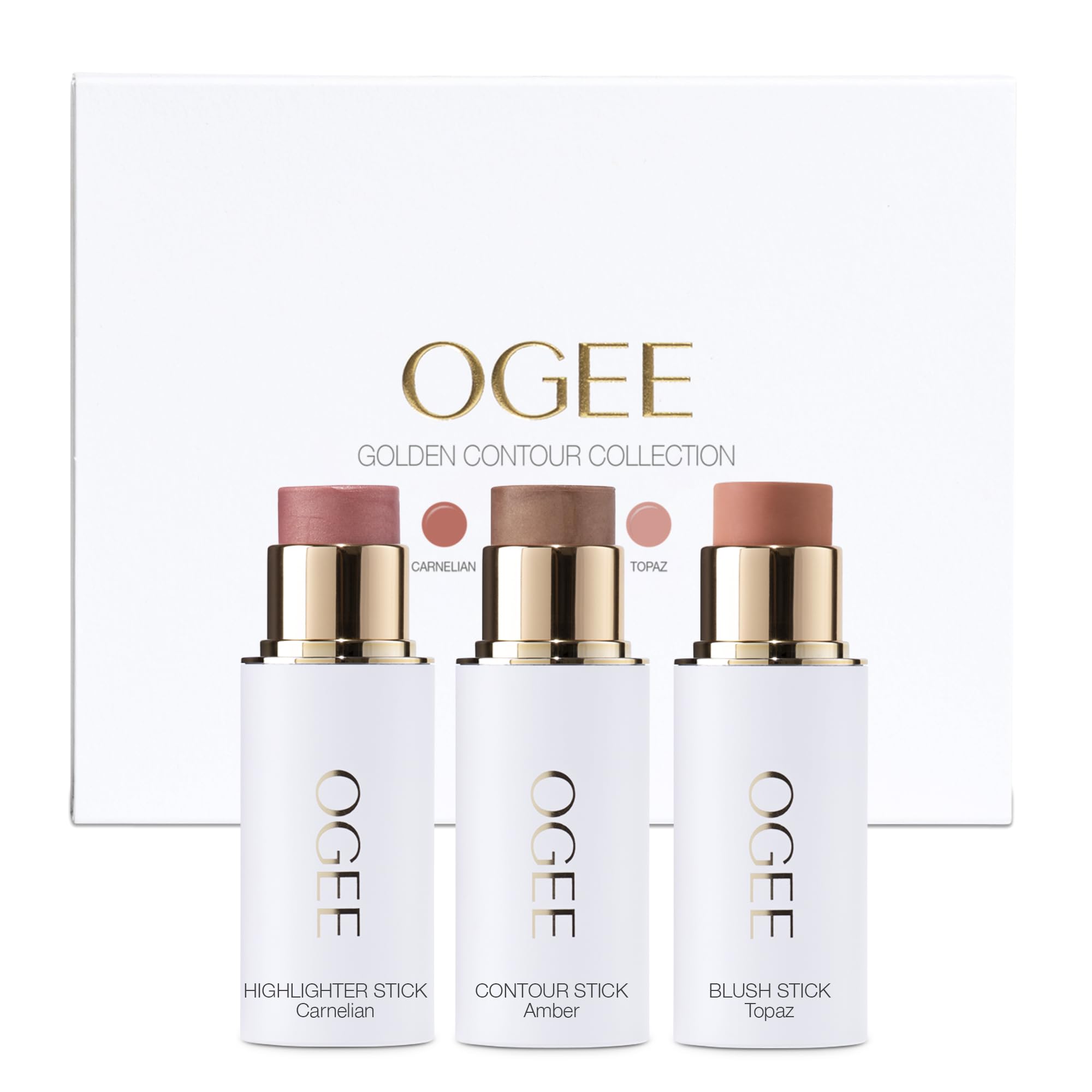 Ogee Face Stick Trio packaging highlights organic formula for on-the-go glow.
