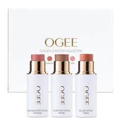 Ogee Face Stick Trio packaging highlights organic formula for on-the-go glow.