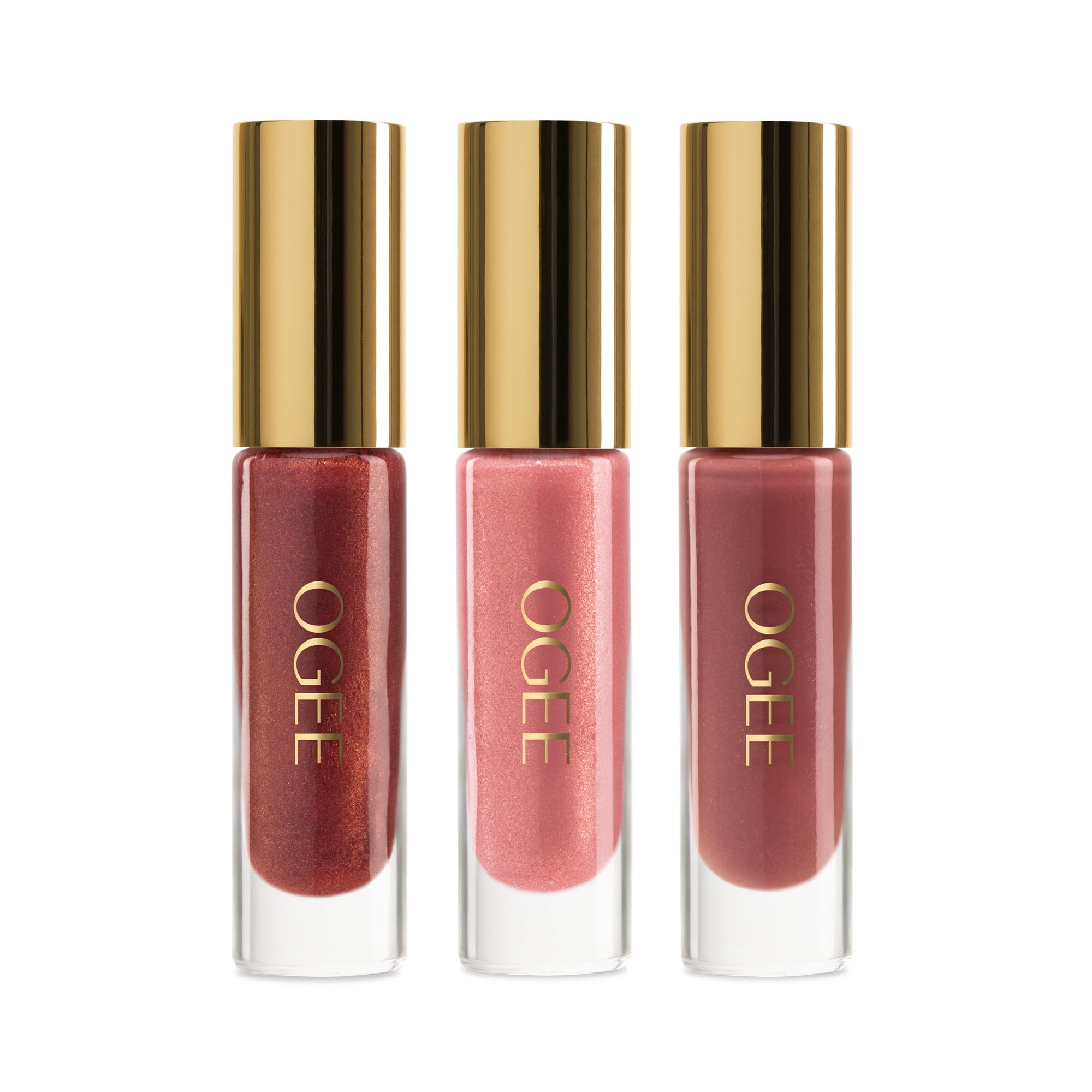 Ogee Glimmer Lip Gloss Trio Anemone tube adds luminous color and plush shine.
