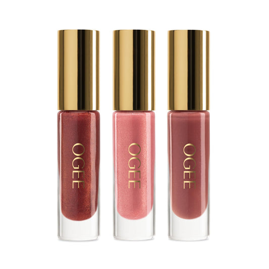 Ogee Glimmer Lip Gloss Trio Anemone tube adds luminous color and plush shine.