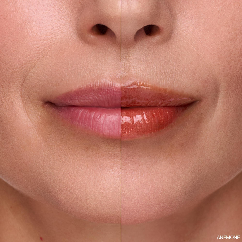 Ogee Glimmer Lip Gloss Trio Poppy tube delivers glossy color with hydrating feel.