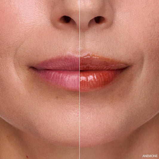 Ogee Glimmer Lip Gloss Trio Poppy tube delivers glossy color with hydrating feel.