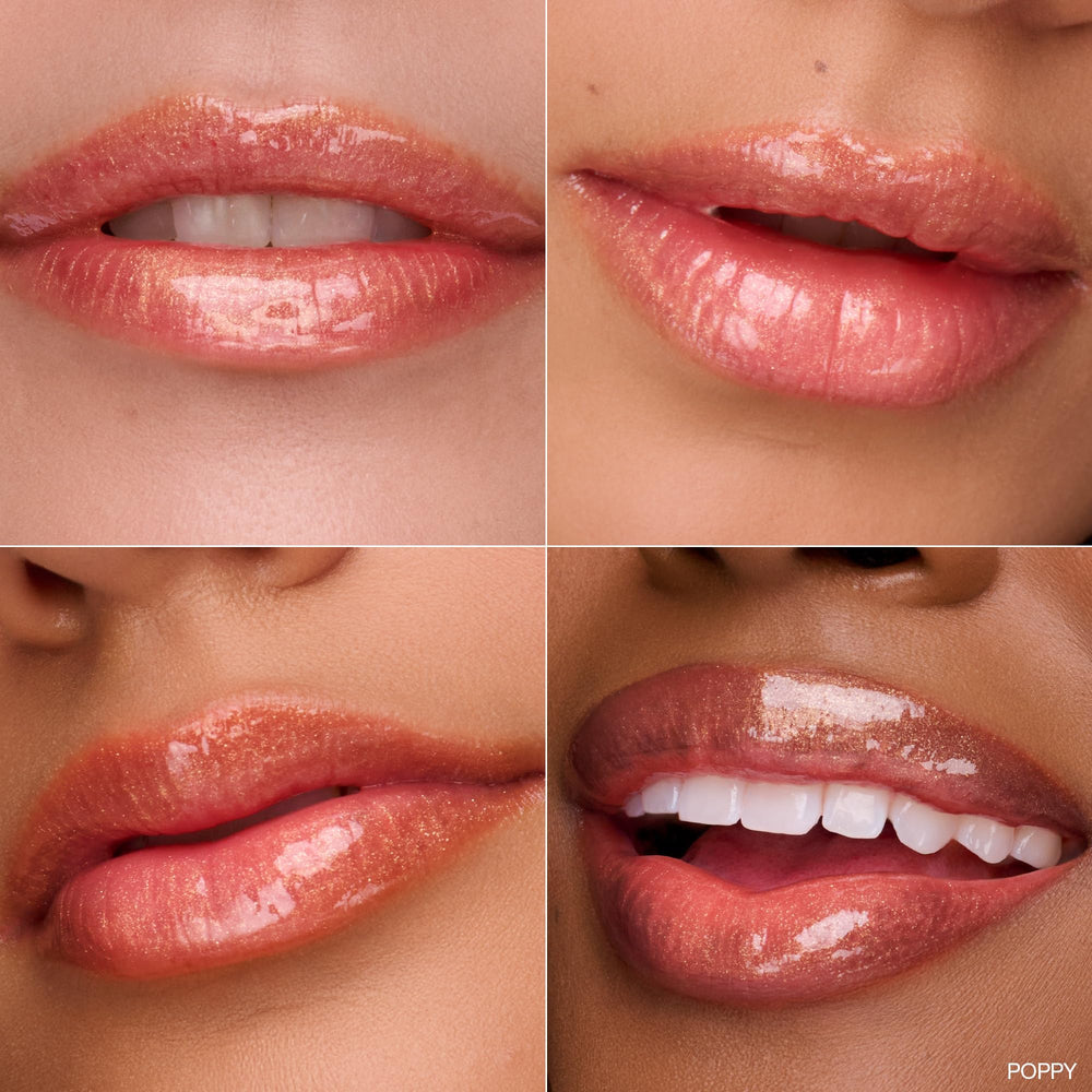 Close-up of Poppy gloss tube shows bright, high-shine finish.