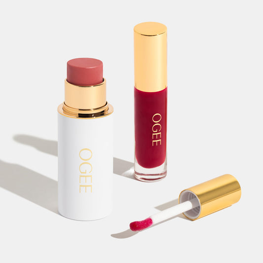 Ogee Midnight's Kiss face stick with Rose Quartz for a natural glow on the cheeks