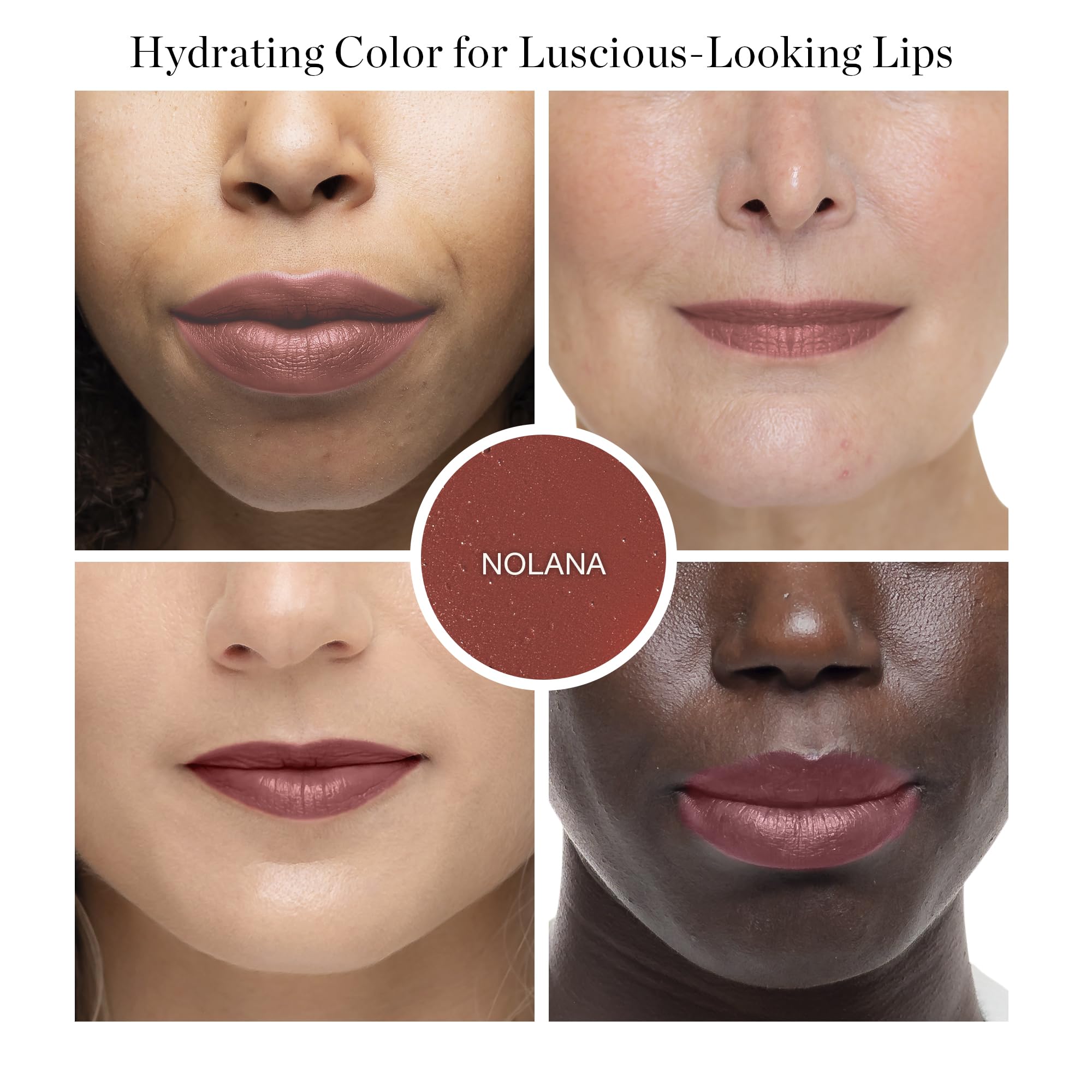 Ogee Nolana terracotta swatch on lips demonstrating buildable color and hydration