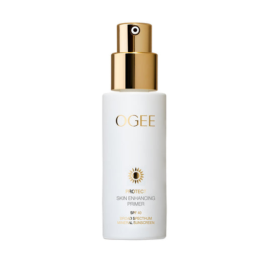 Ogee PROTECT primer bottle with SPF 40 offers a lightweight base for makeup.