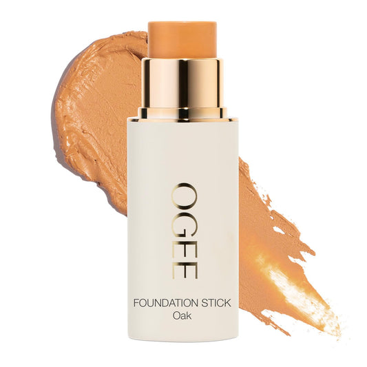 Ogee Sculpted Complexion Foundation Stick Oak 5.5N cap swatch shows even tone.