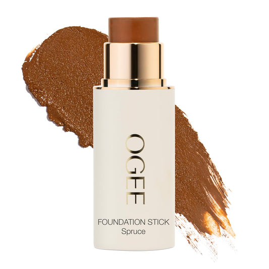 Ogee Sculpted Complexion Foundation Stick Spruce deep swatch balances undertones for even tone.