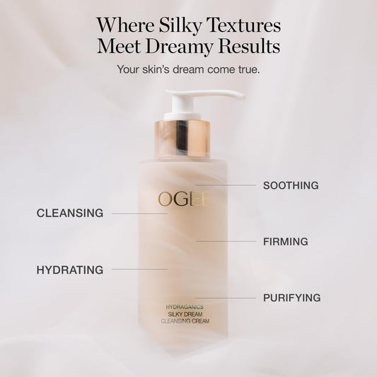 Ogee Silk Dream Cleanser ingredients closeup shows peptides and jojoba oil for barrier support