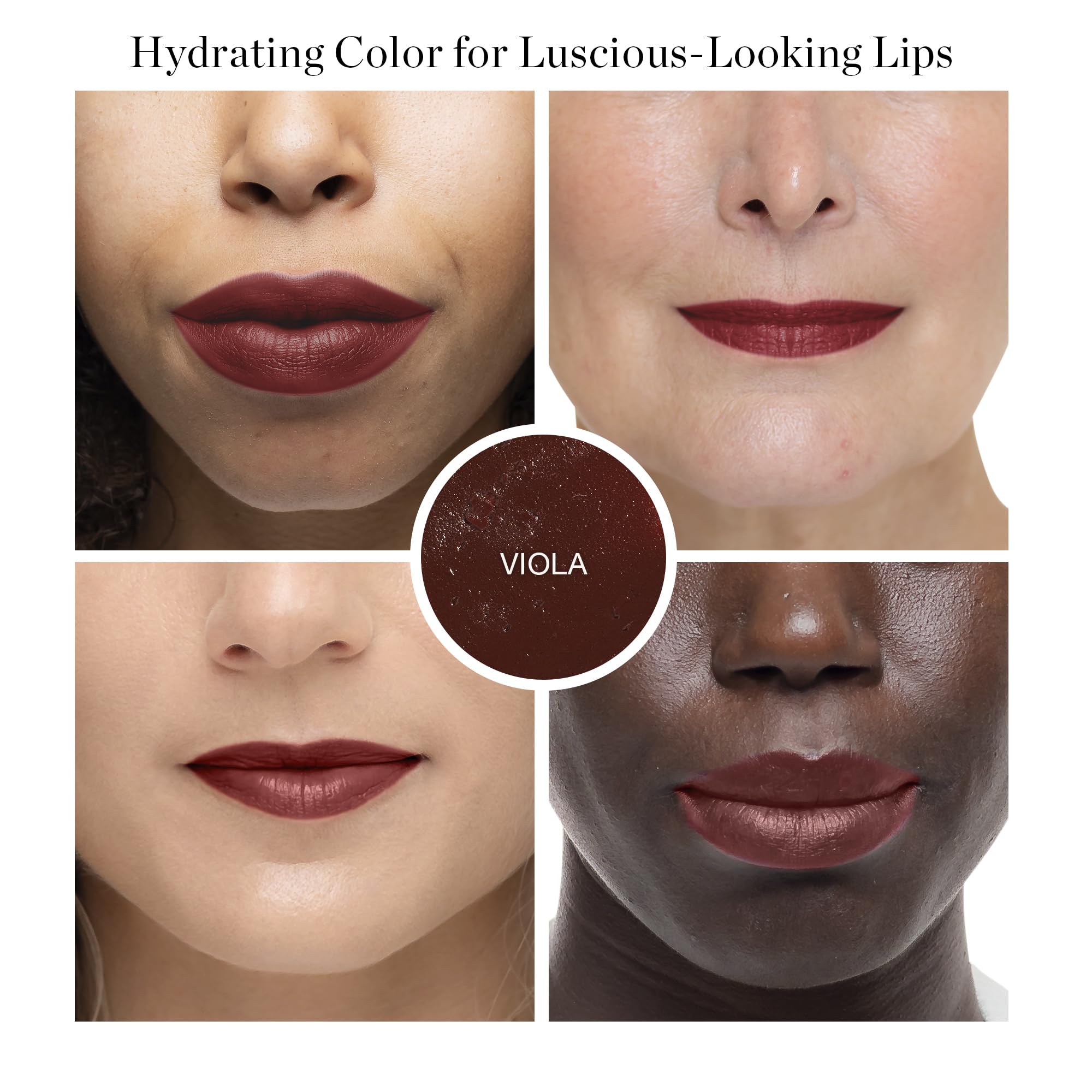 Viola Lip Tint Oil swatch on lip shows berry brown color and subtle shine.
