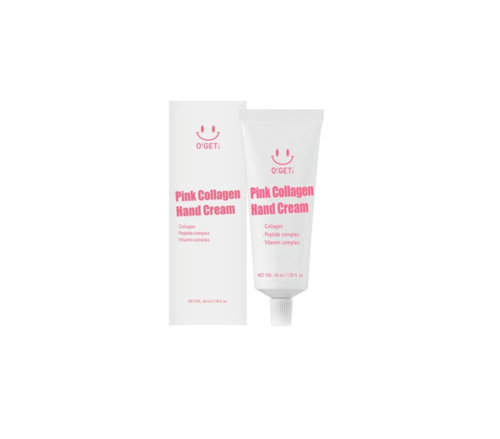 O!GETi Pink Collagen Hand Cream bottle showing dual collagen hydration for soft, smooth hands