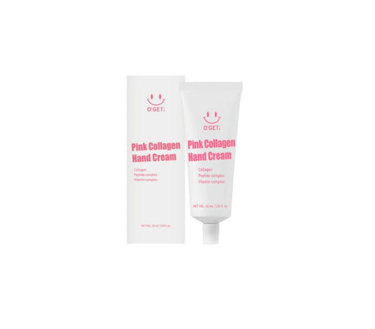 O!GETi Pink Collagen Hand Cream bottle showing dual collagen hydration for soft, smooth hands