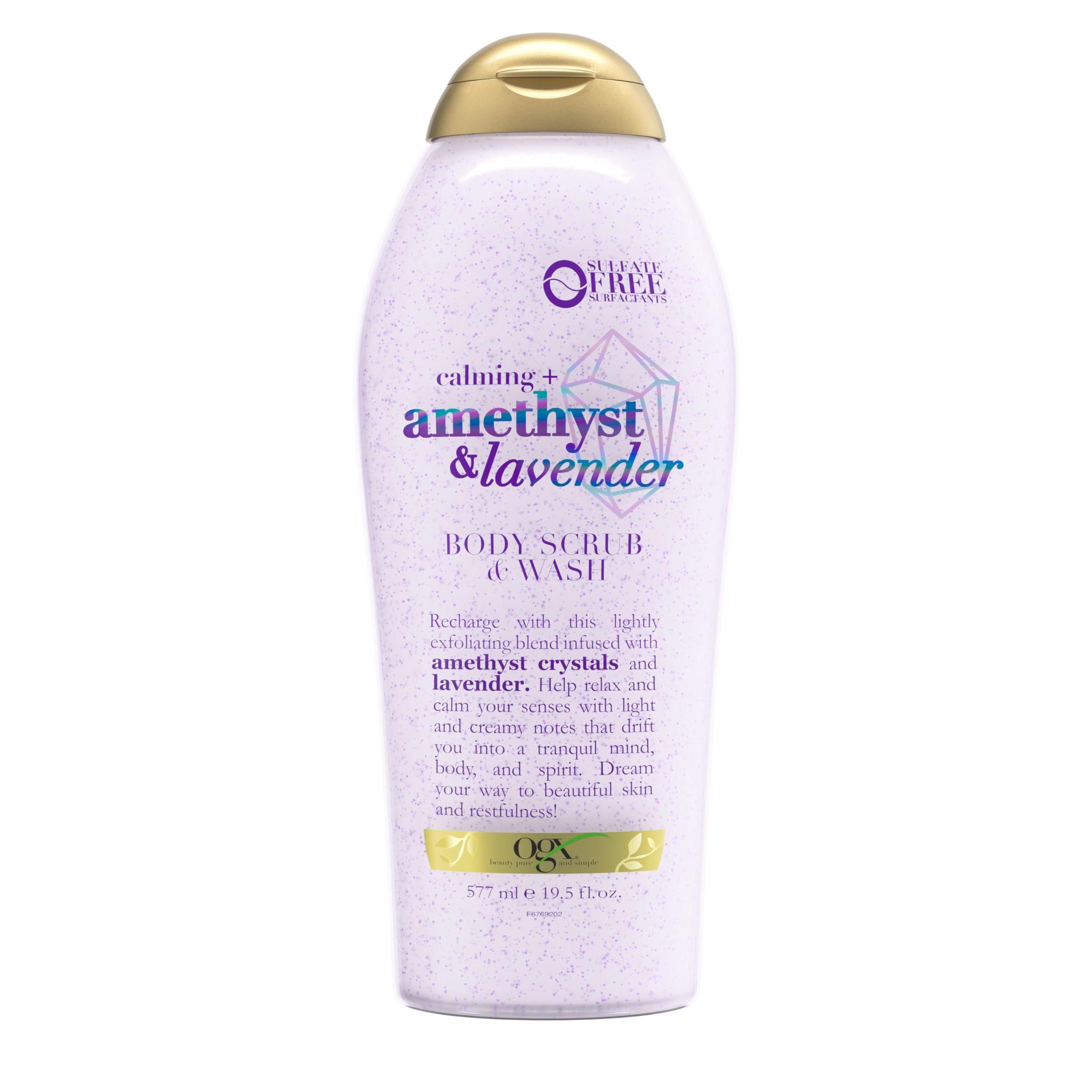 OGX Calming Amethyst Lavender bottle for a soothing shower routine.