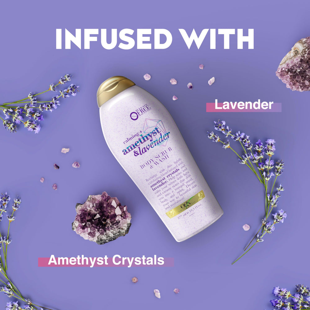 OGX Calming Amethyst Lavender ingredients with calming botanicals.