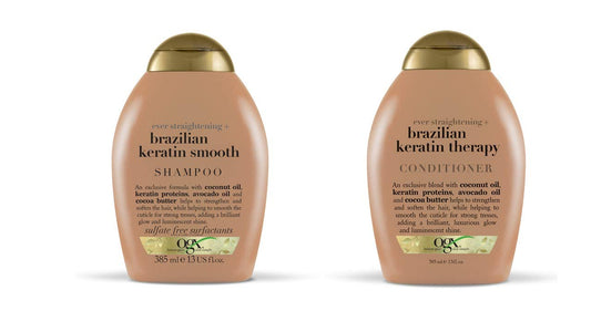 OGX Ever-straightening shampoo bottle highlights silky, smooth strands potential