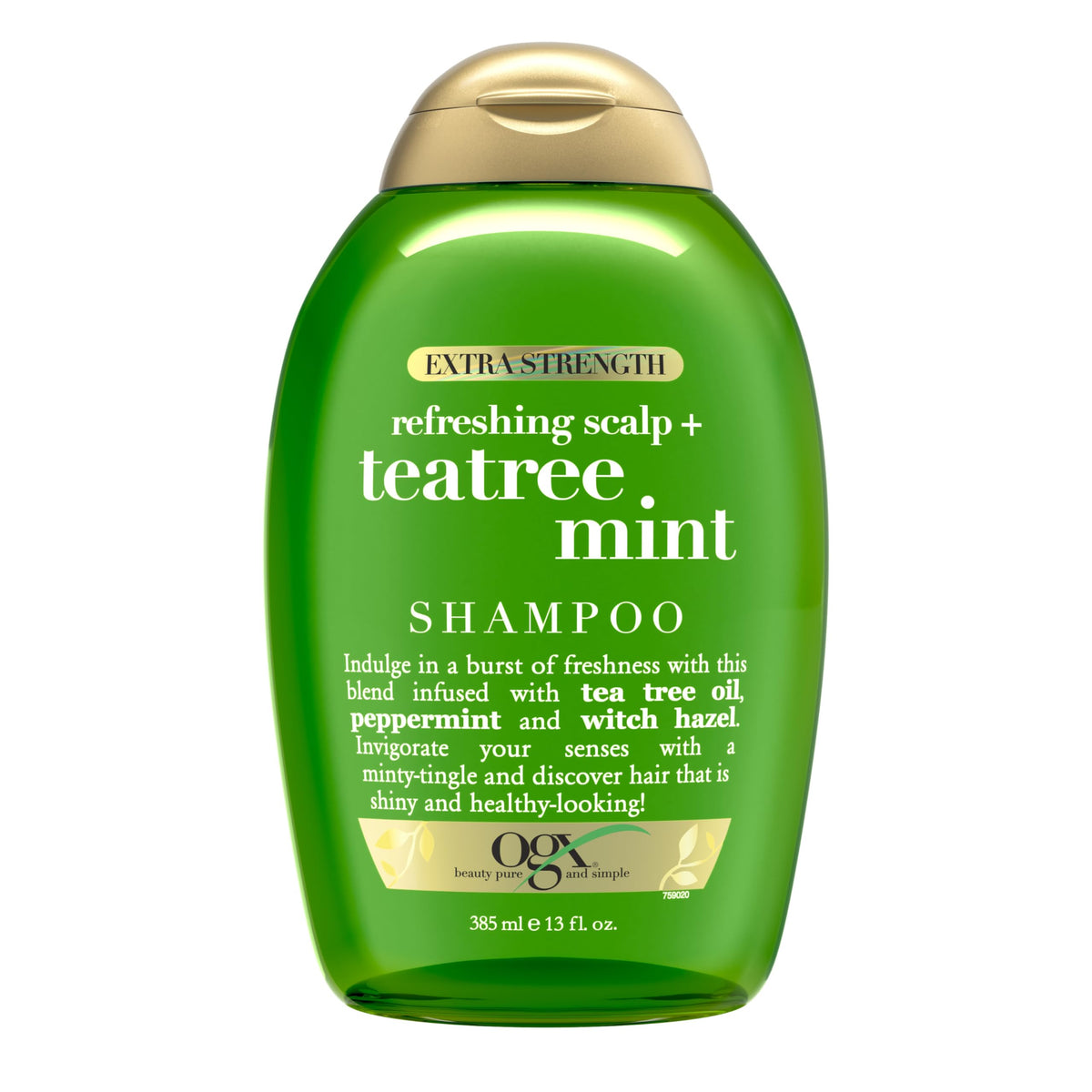 OGX Extra Strength Refreshing Scalp + Teatree Mint Shampoo bottle front for refreshing cleanse.