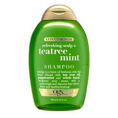 OGX Extra Strength Refreshing Scalp + Teatree Mint Shampoo bottle front for refreshing cleanse.