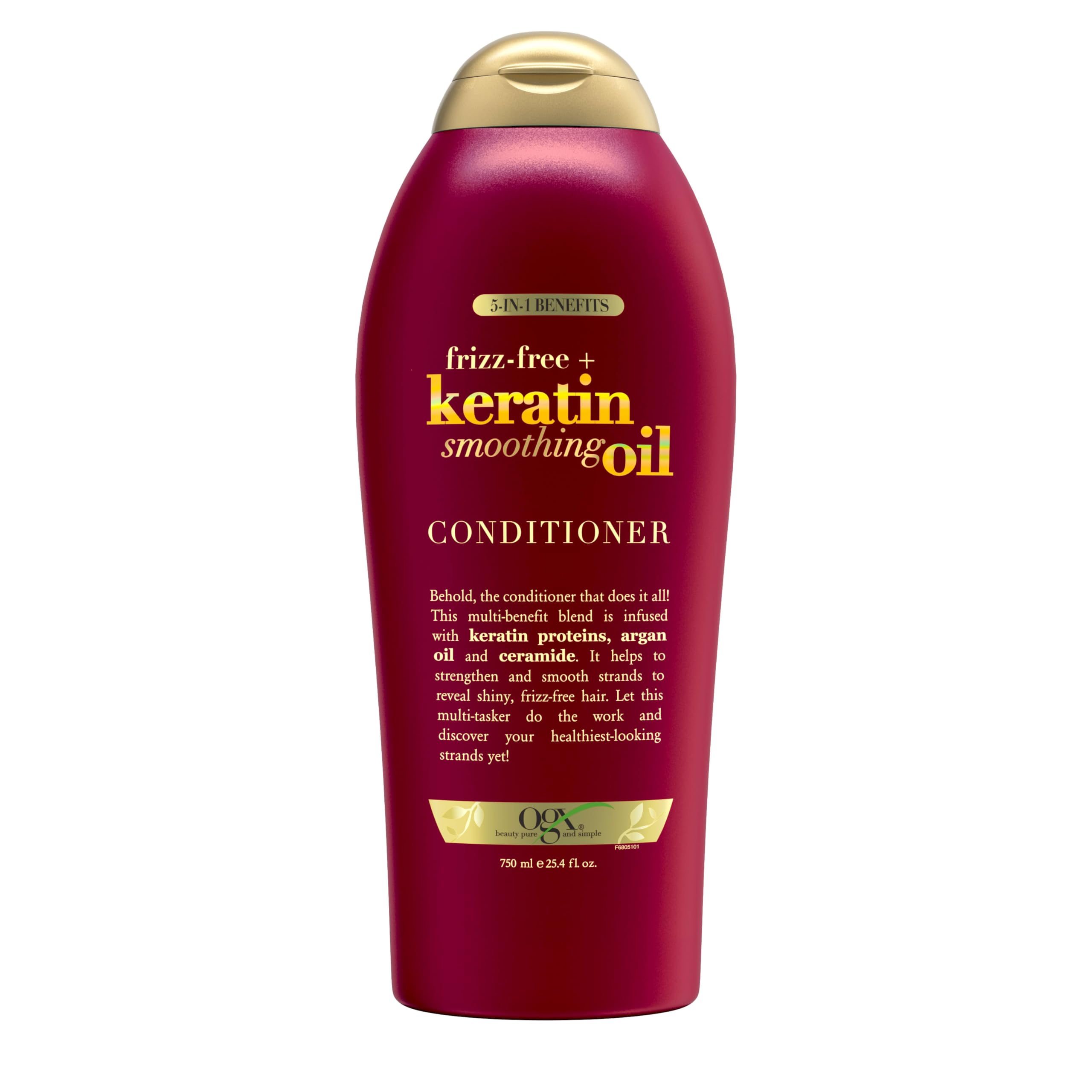 OGX Frizz-Free + Keratin Smoothing Oil Conditioner bottle pour demonstrates frizz control and shine