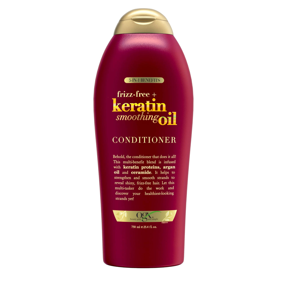 OGX Frizz-Free + Keratin Smoothing Oil Conditioner bottle pour demonstrates frizz control and shine