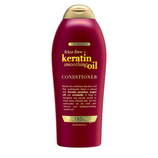 OGX Frizz-Free + Keratin Smoothing Oil Conditioner bottle pour demonstrates frizz control and shine