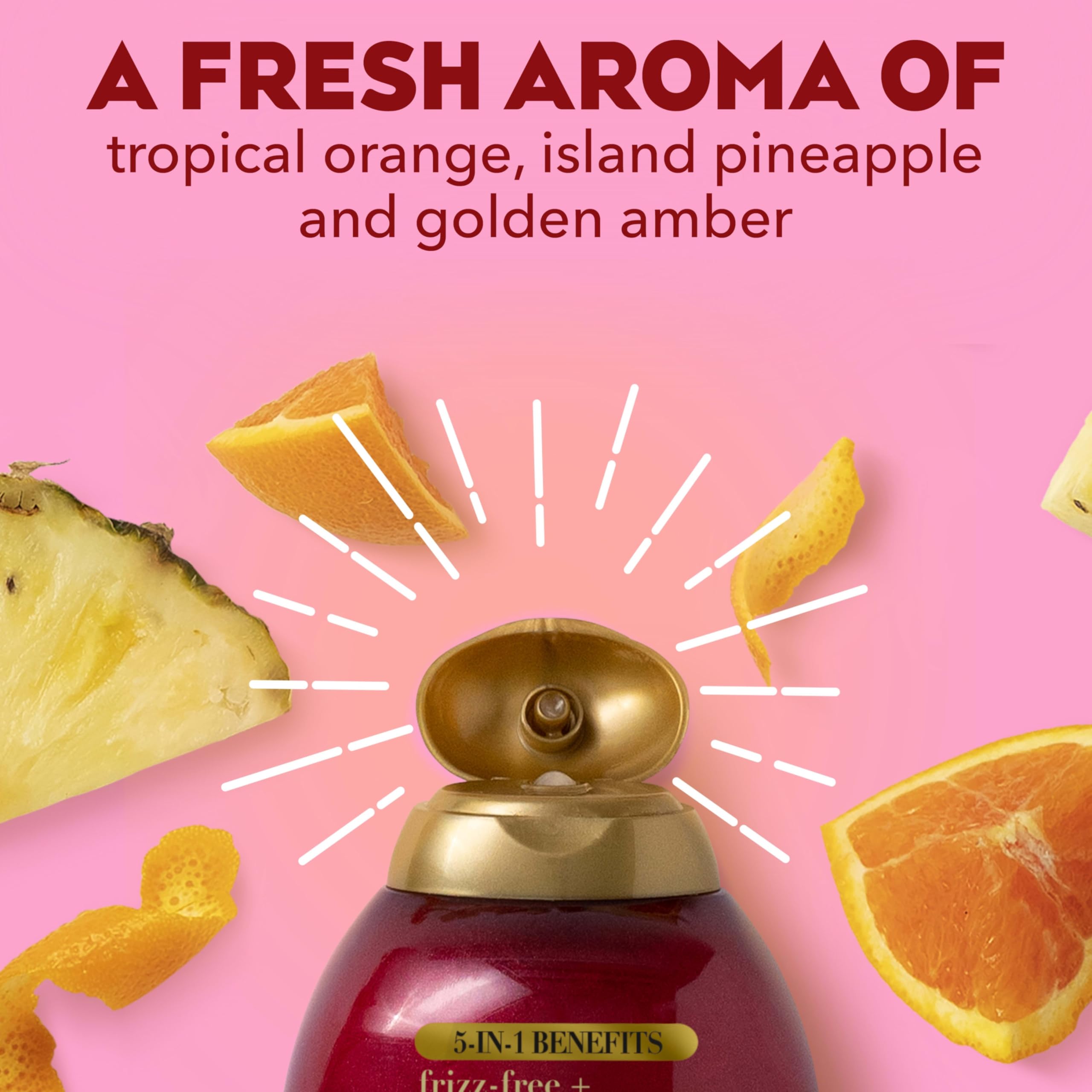 OGX Frizz-Free + Keratin Smoothing Oil Conditioner scent notes pineapple and amber energize routine