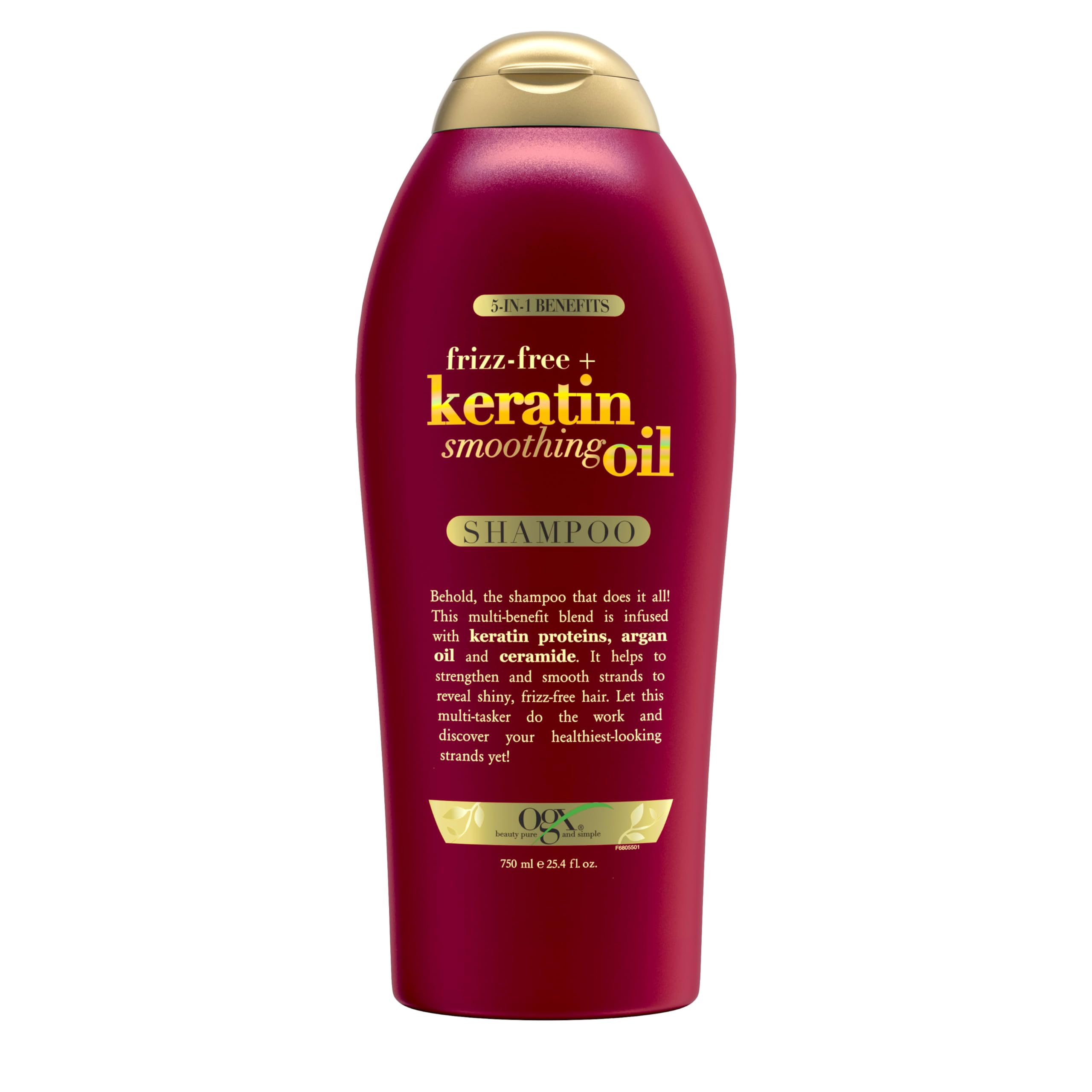 OGX Frizz-Free Keratin Shampoo bottle front showing smoothing action