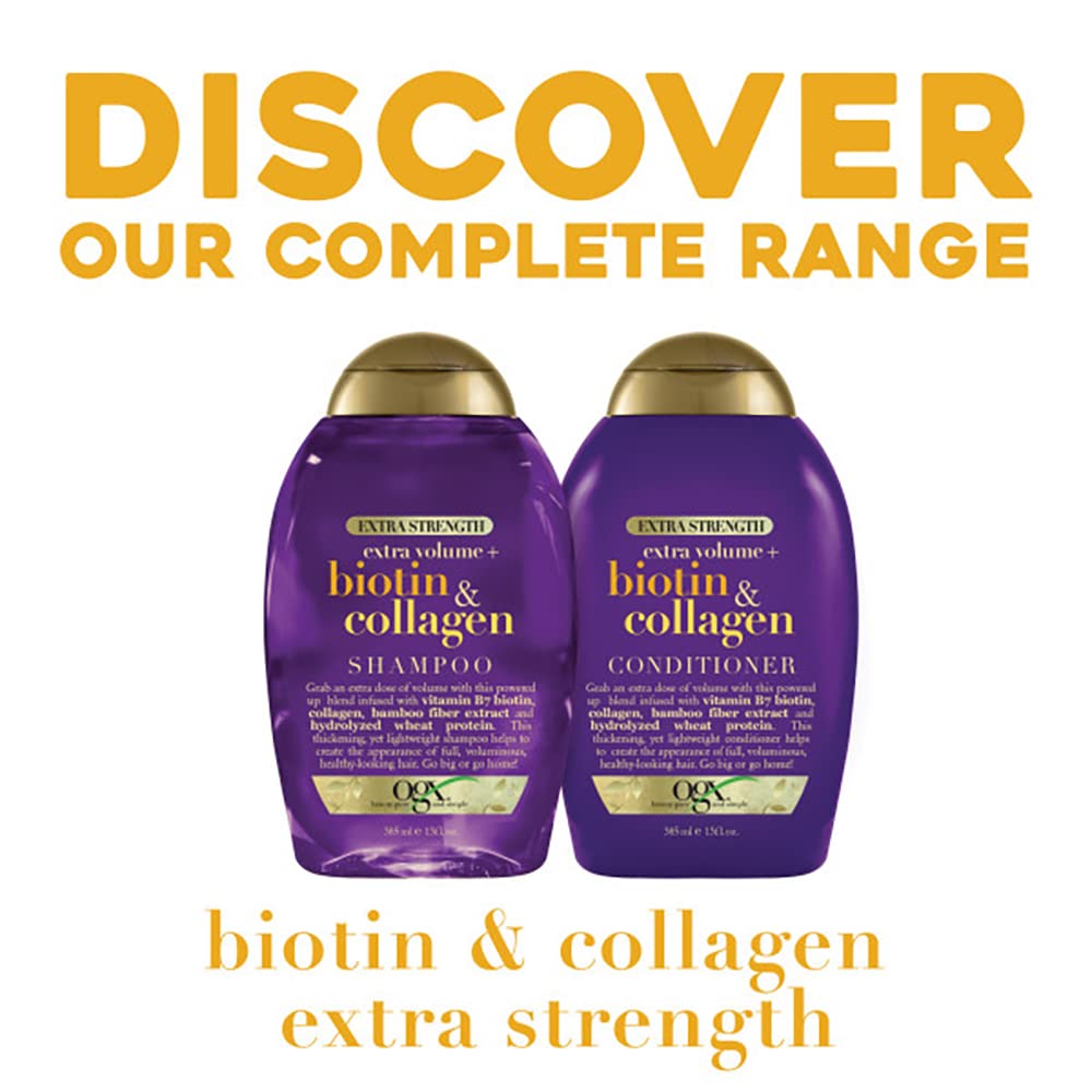 OGX hydrolyzed wheat protein close-up signals plumping action for thicker-looking strands.