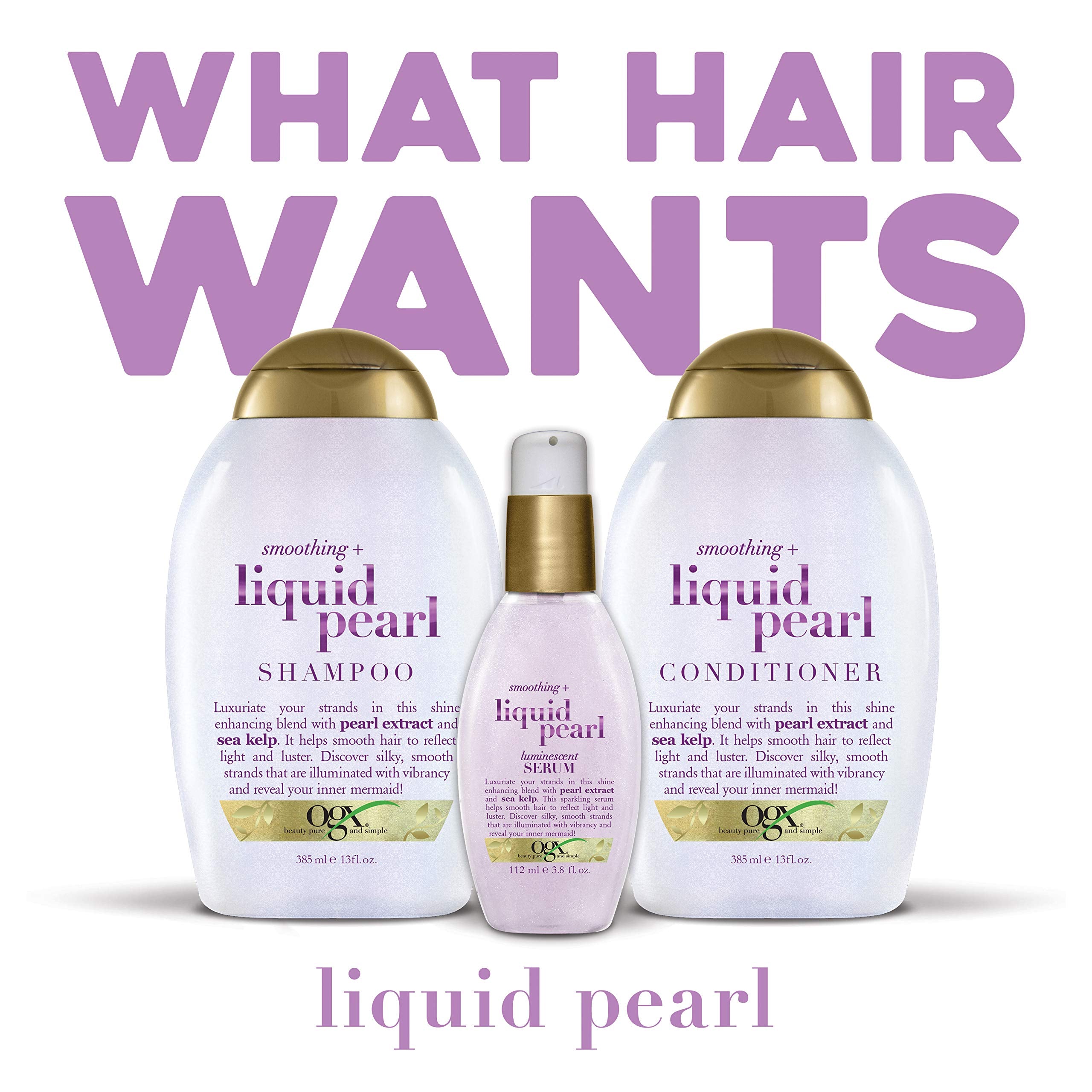 Close-up shows glossy strands achieved with OGX Liquid Pearl.