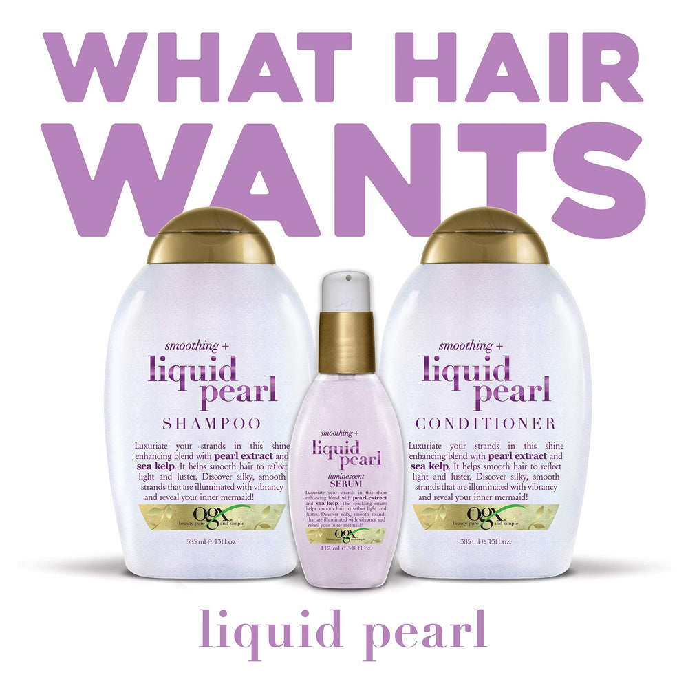 Close-up shows glossy strands achieved with OGX Liquid Pearl.