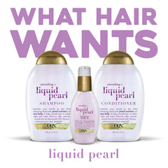 Close-up shows glossy strands achieved with OGX Liquid Pearl.