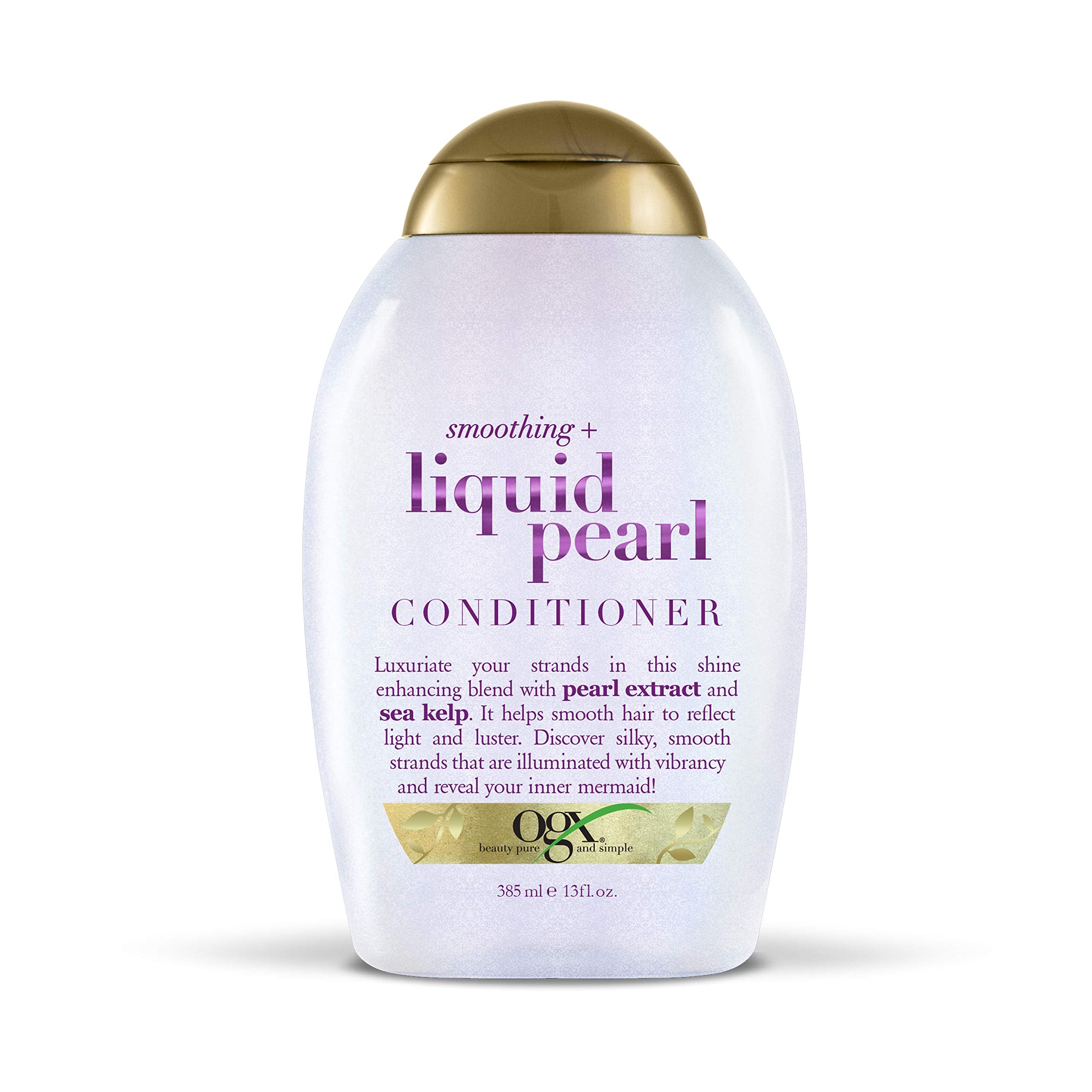 OGX Smoothing Liquid Pearl Conditioner bottle highlights radiant shine and hydration.