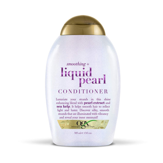 OGX Smoothing Liquid Pearl Conditioner bottle highlights radiant shine and hydration.