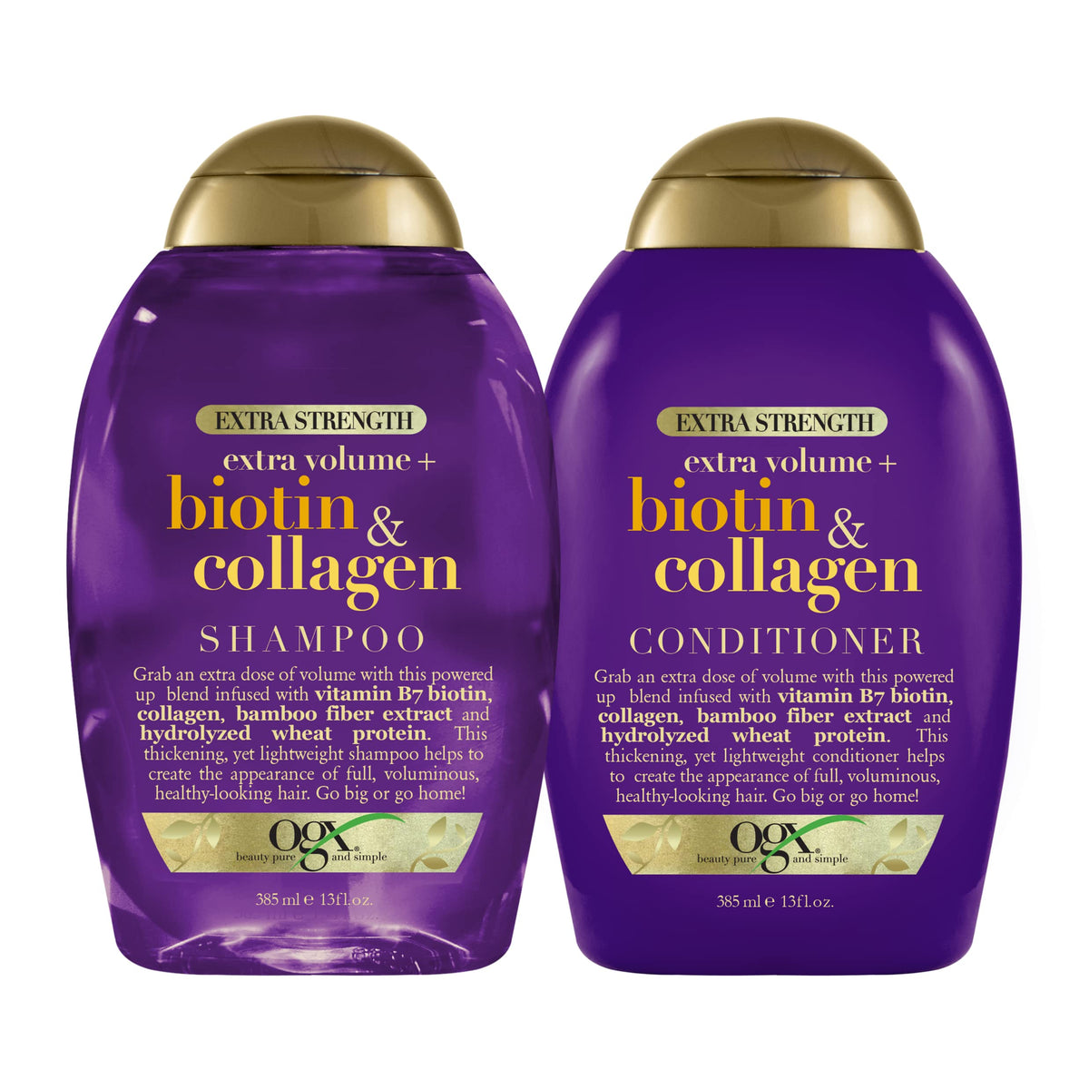 OGX Thick & Full shampoo bottle shows volumizing formula for fine hair.