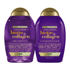 OGX Thick & Full shampoo bottle shows volumizing formula for fine hair.