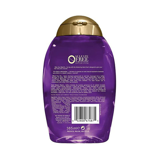 Close-up of OGX shampoo lather emphasizing extra body and cleanse.