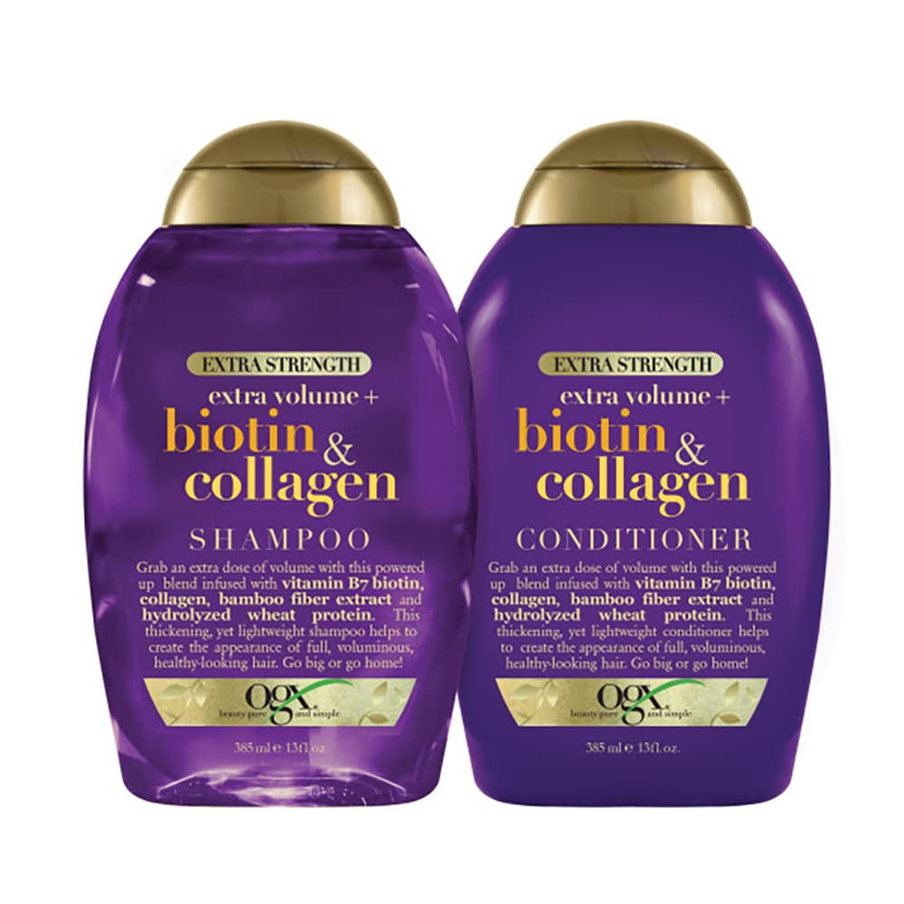 OGX volumizing shampoo and conditioner pair on a store shelf.