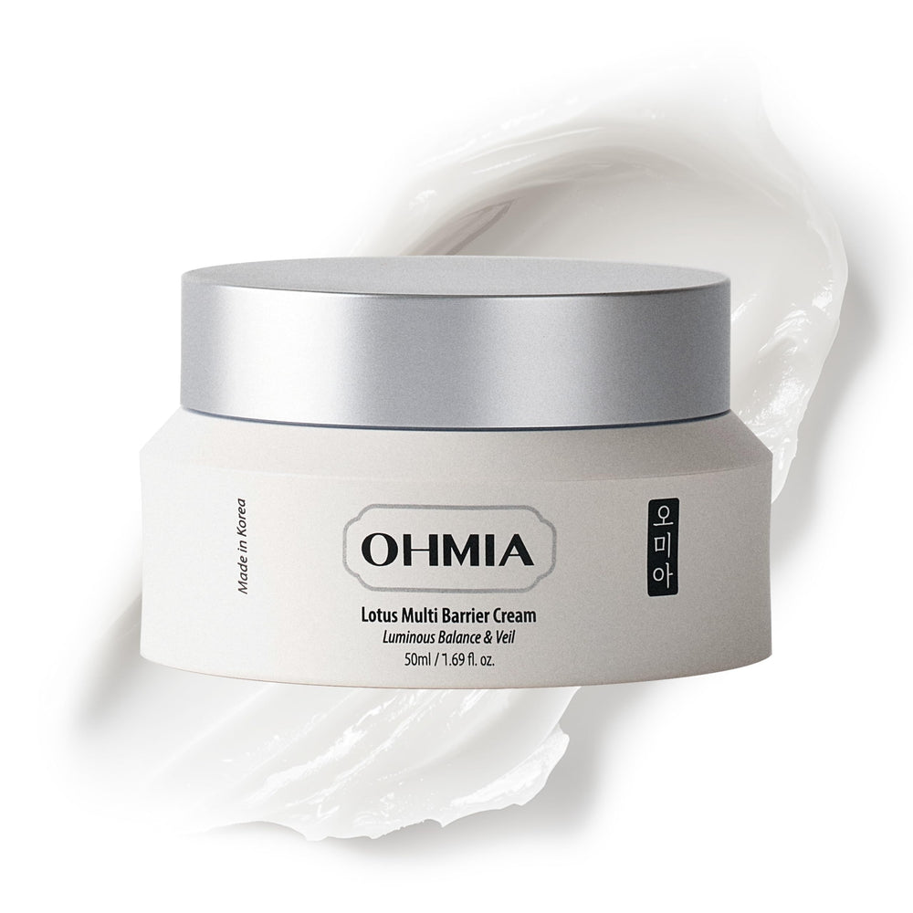 OHMIA Lotus Multi Barrier Cream bottle with pump, fragrance-free for sensitive skin.