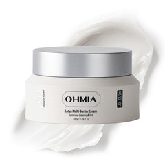 OHMIA Lotus Multi Barrier Cream bottle with pump, fragrance-free for sensitive skin.
