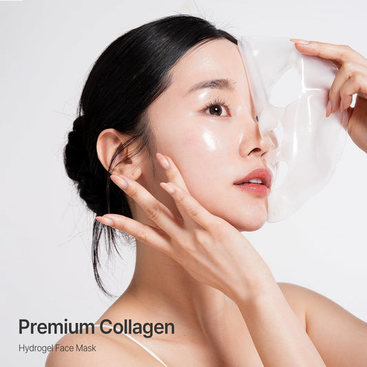 Oh My Pure vegan mucin lifting hydrogel mask application closeup—soothing hydration and gentle care.