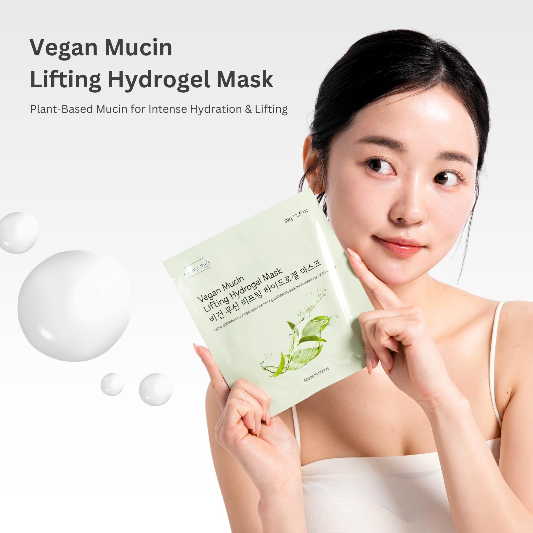 Oh My Pure vegan mucin lifting hydrogel mask on face—improved skin texture and perceived firmness.