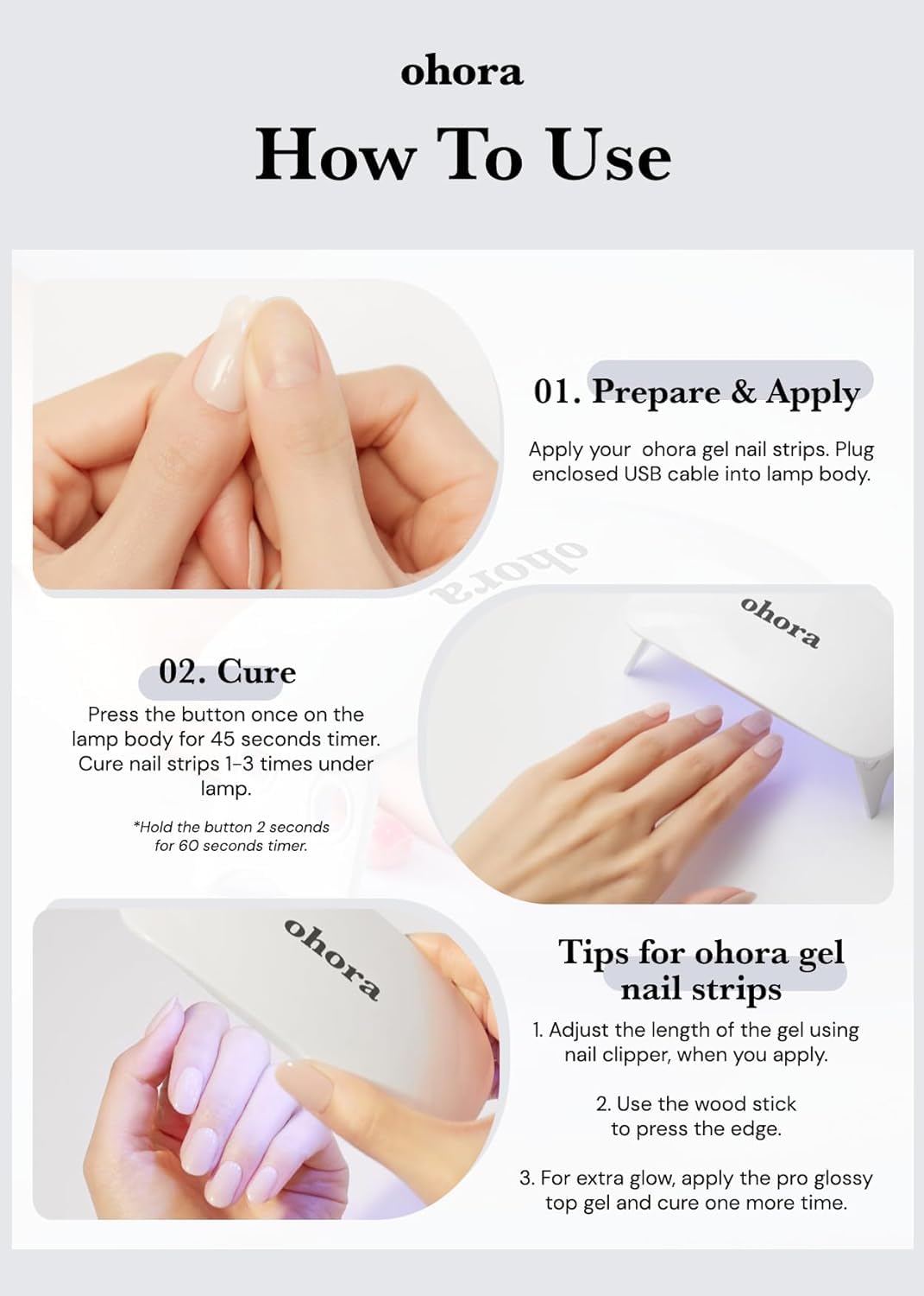 Ohora Care LED lamp six LEDs provide fast, even curing for gel strips.