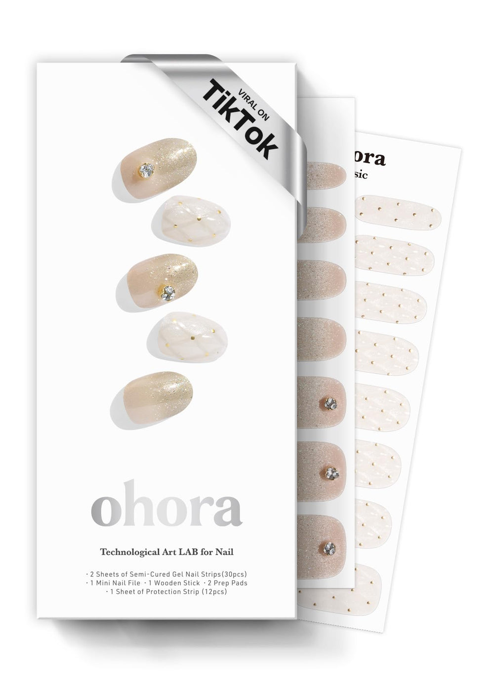 Ohora Champagne Glow box front showing the semi-cured gel nail strips.