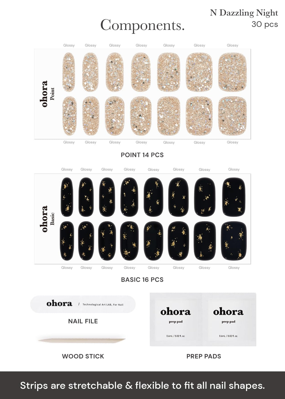 Ohora N Dazzling Night includes prep pads and tools for clean application.